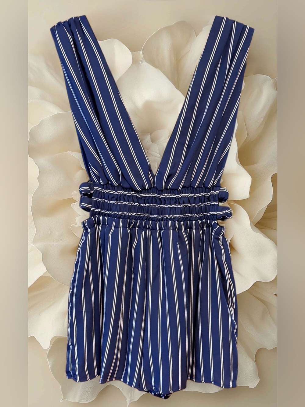 Stiletto’s NWT Striped Navy V-Neck Romper with Smocked Waist size XL